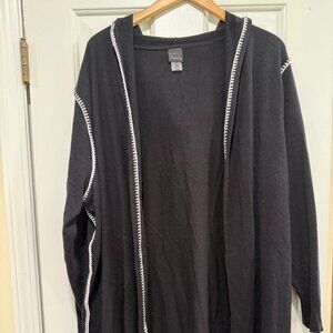 Aaeda cozy hooded cardigan, black with white stitching, size 2X, EUC